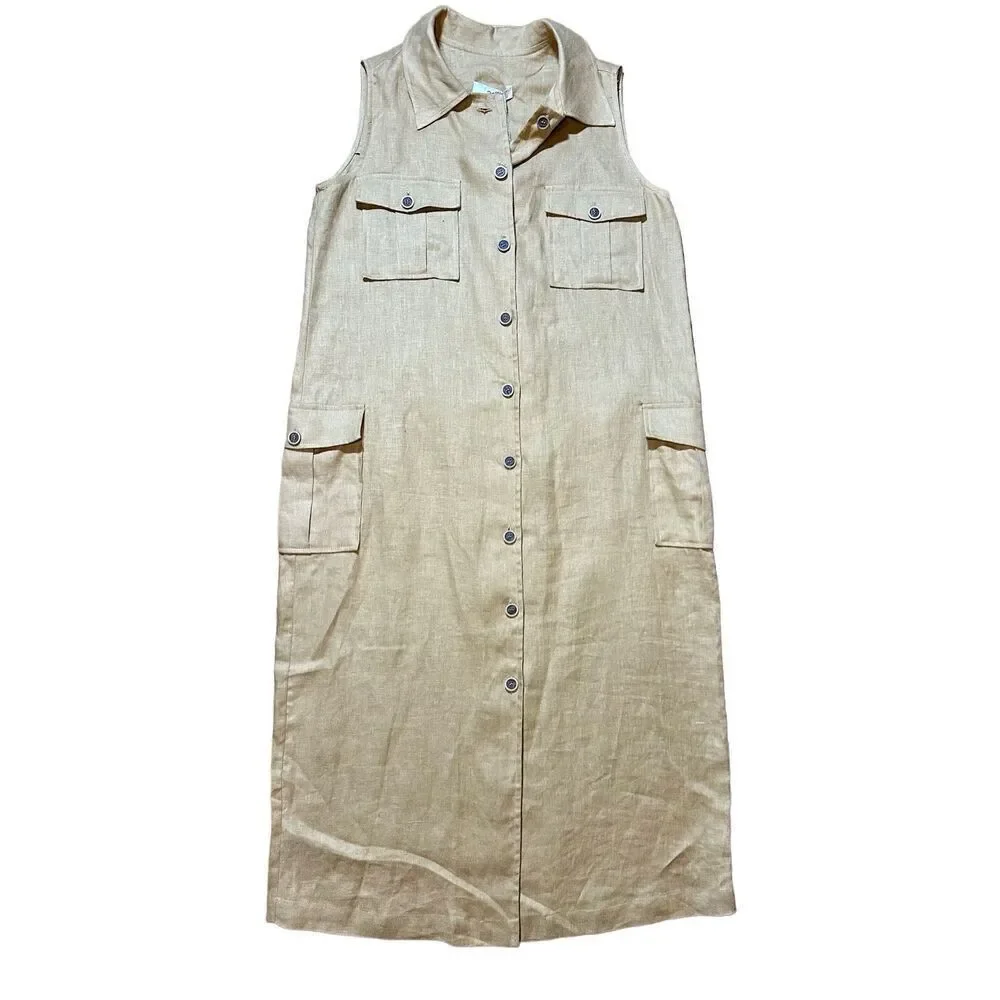 NEW adL womens linen button down midi dress cottage safari natural sz M in camel